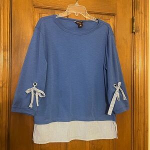 Multiples Blue Knit Top, 3/4 Length Bow‎ Sleeve Detail, Side Slits, Size Medium